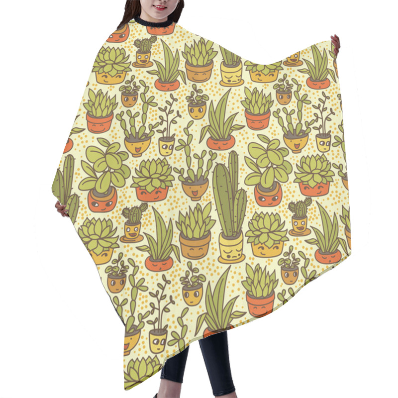 Personality  Seamless Pattern Of Cute Potted Plants With Funny Cartoon Faces Hair Cutting Cape