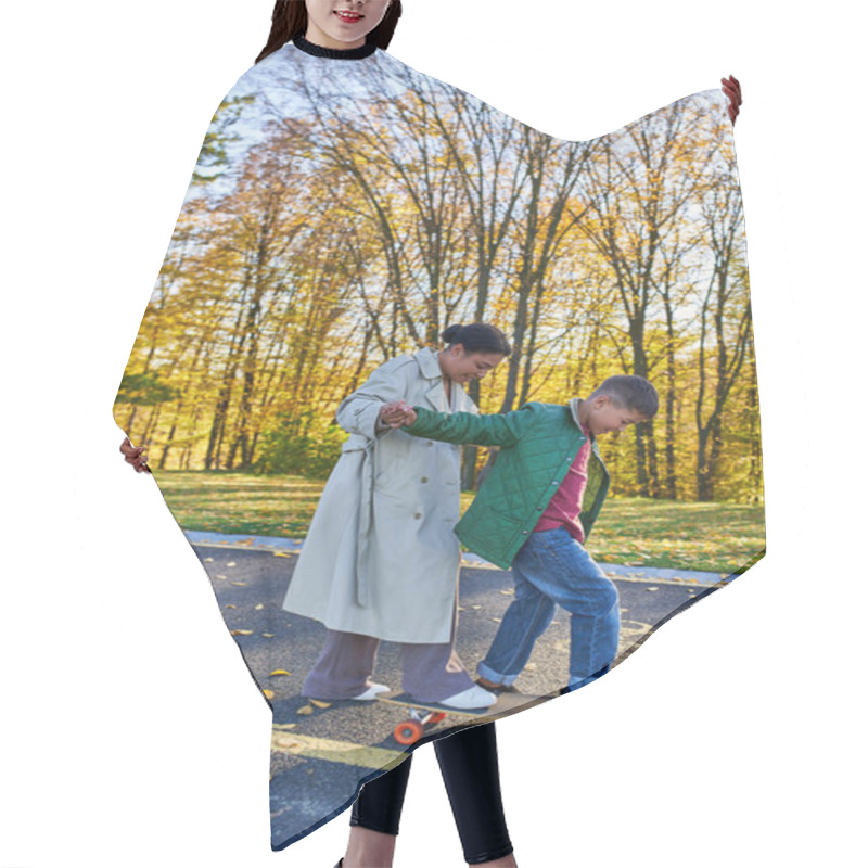 Personality  Mother And Son, Bonding, Autumn, Happy African American Woman Holding Hands With Boy On Penny Board Hair Cutting Cape