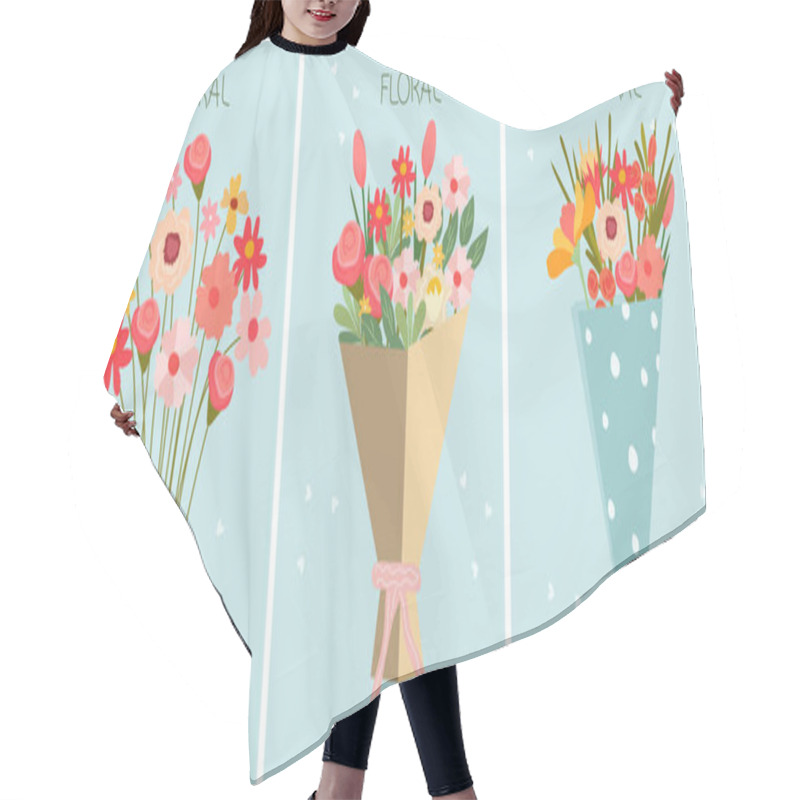 Personality  Flat-style Vector Illustration Of A Blossoming Flower Bouquet A Blue Background.Tulip, Chamomile, Rose And Wildflowers In Craft Paper, Perfect For Various Celebrations. Vector Illustration. Hair Cutting Cape