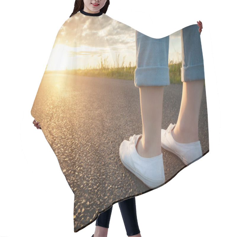 Personality  Woman In Sneakers Standing On Asphalt Road Hair Cutting Cape