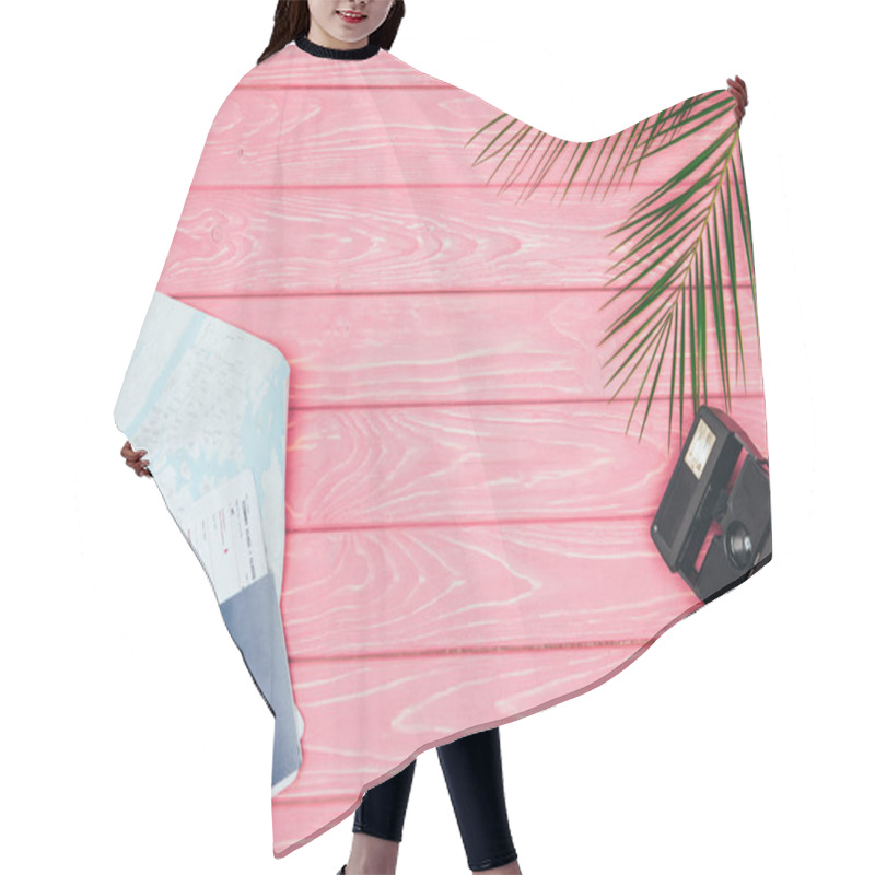 Personality  Top View Of Flight Tickets With Map And Instant Print Camera On Pink Wooden Surface Hair Cutting Cape