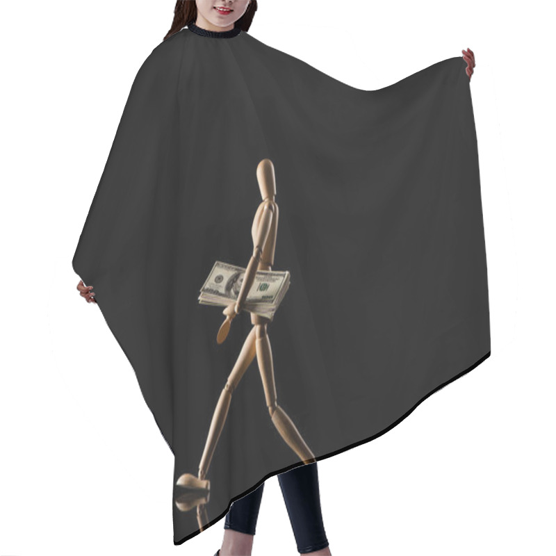 Personality  Wooden Doll Imitating Walking With Dollar Banknotes On Black Background Hair Cutting Cape