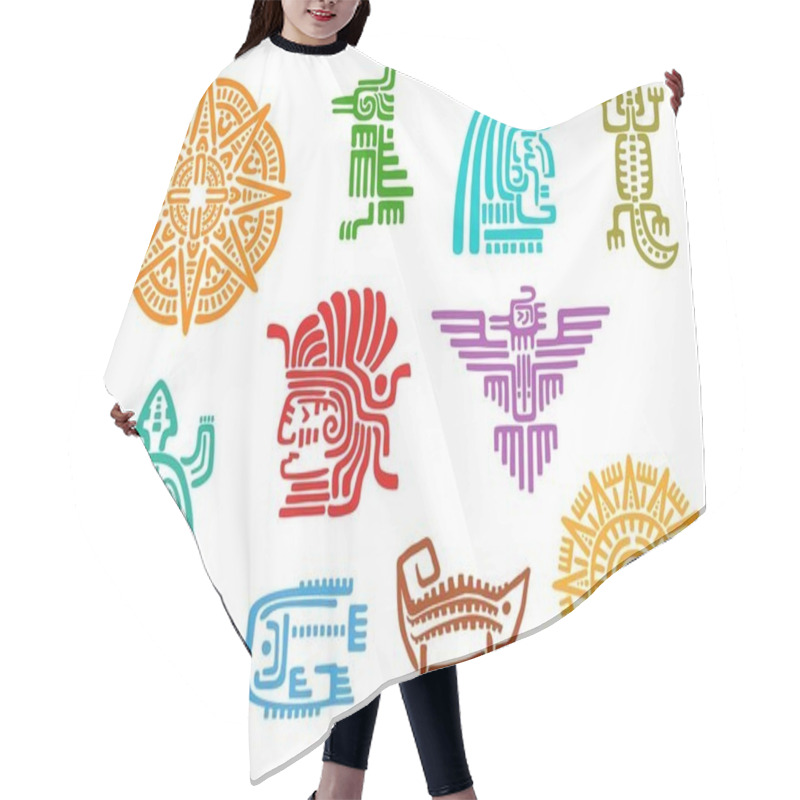 Personality  Mayan Aztec Totems, Vector Animal, Bird, Sun And God Tribal Ethnic Symbols. Ancient Mexican Lizard, Fish, Turtle And Crow, Star, Eagle And Native Indian Or Inca Idol Head With Mayan Aztec Pattern Hair Cutting Cape