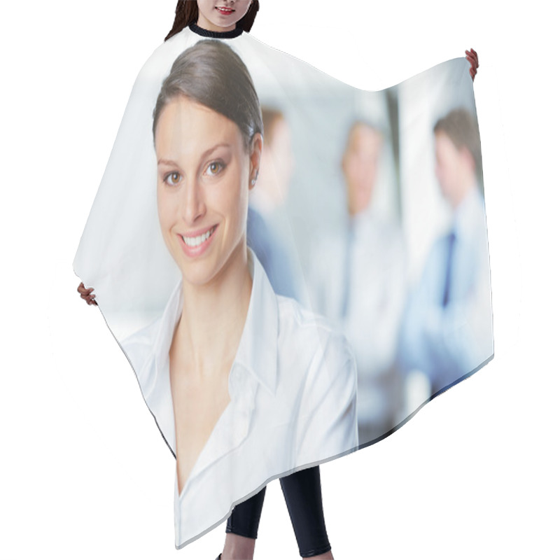 Personality  Smiling Young Business Woman Hair Cutting Cape