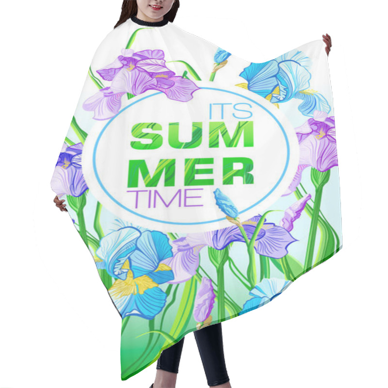 Personality  Summer Time Banner With Blue And Purple Flowers, Flower Iris Design For Banner, Flyer, Invitation, Poster, Placard, Web Site Or Greeting Card.  Hair Cutting Cape