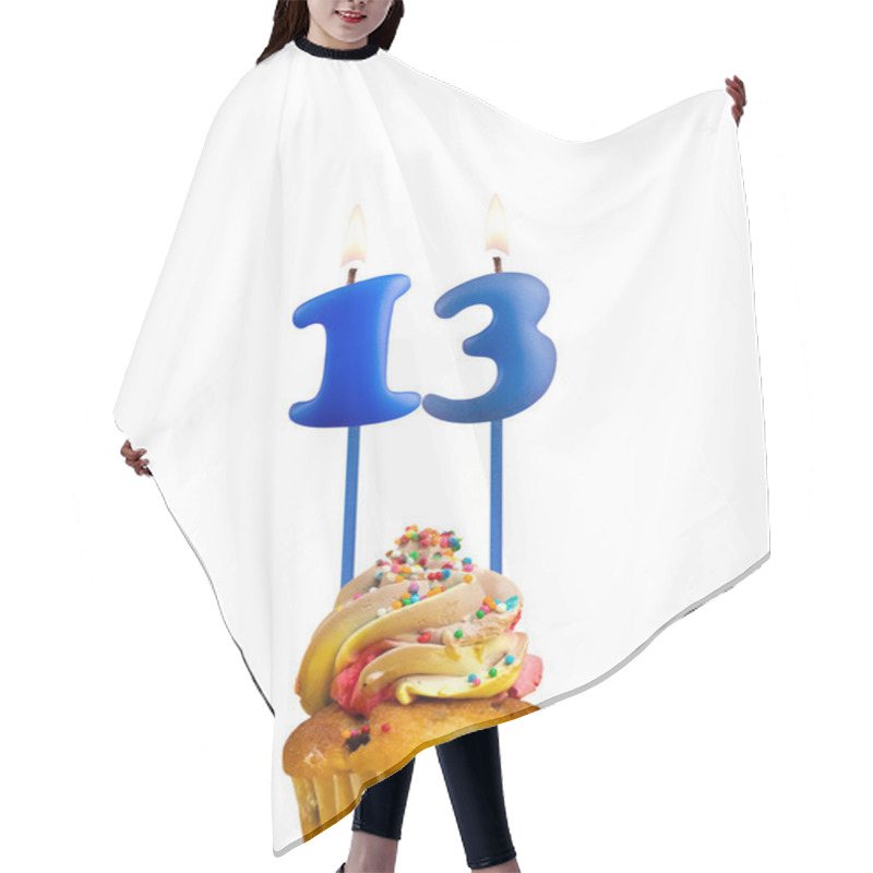 Personality  Blue Number 13 Candle - Birthday Card On A White Background. Hair Cutting Cape