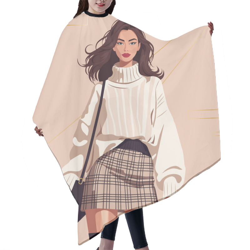 Personality  Charming Young Woman In A Cozy Warm Knitted Sweater And Short Checkered Skirt. Vector Flat Fashion Illustration. Hair Cutting Cape