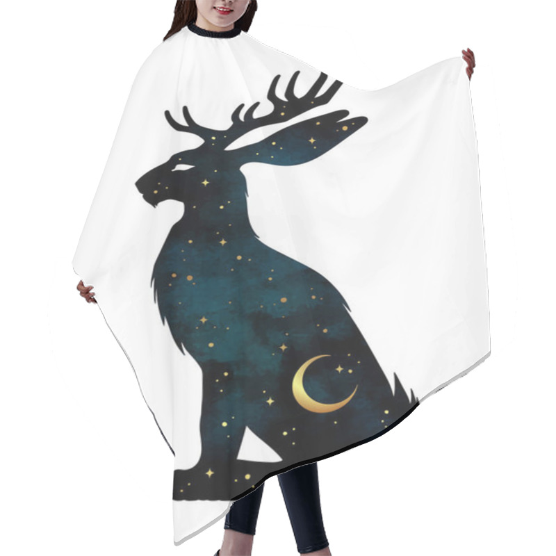 Personality  Silhouette Of Jackalope Hare With Horns Folklore Magic Animal With Night Sky With Crescent Moon Gothic Tattoo Design Isolated Vector Illustration. Hair Cutting Cape