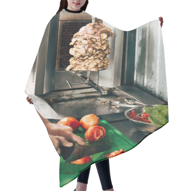 Personality  Partial View Of Cook Cutting Tomatoes In Kitchen  Hair Cutting Cape