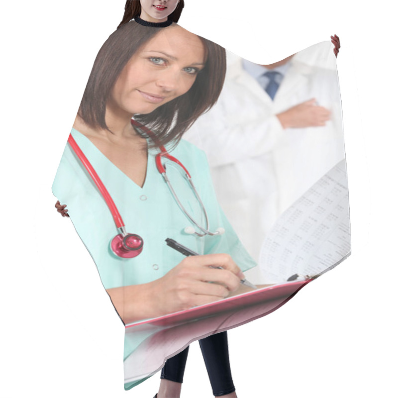 Personality  Medical Professional Filling In A Patient Record Hair Cutting Cape