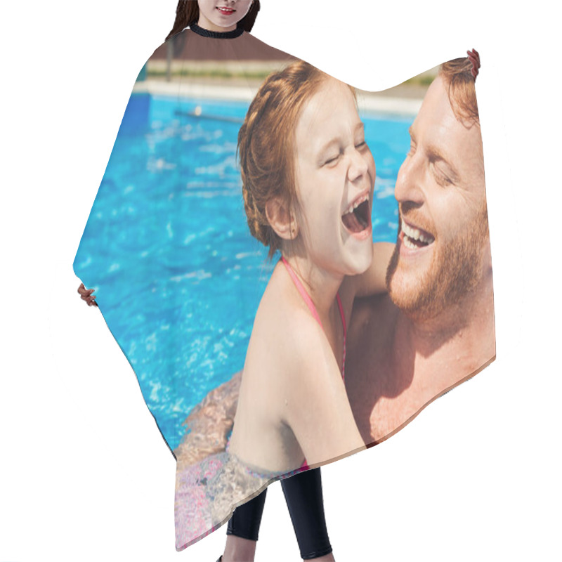 Personality  Laughing Father Embracing His Little Smiling Daughter In Swimming Pool Hair Cutting Cape