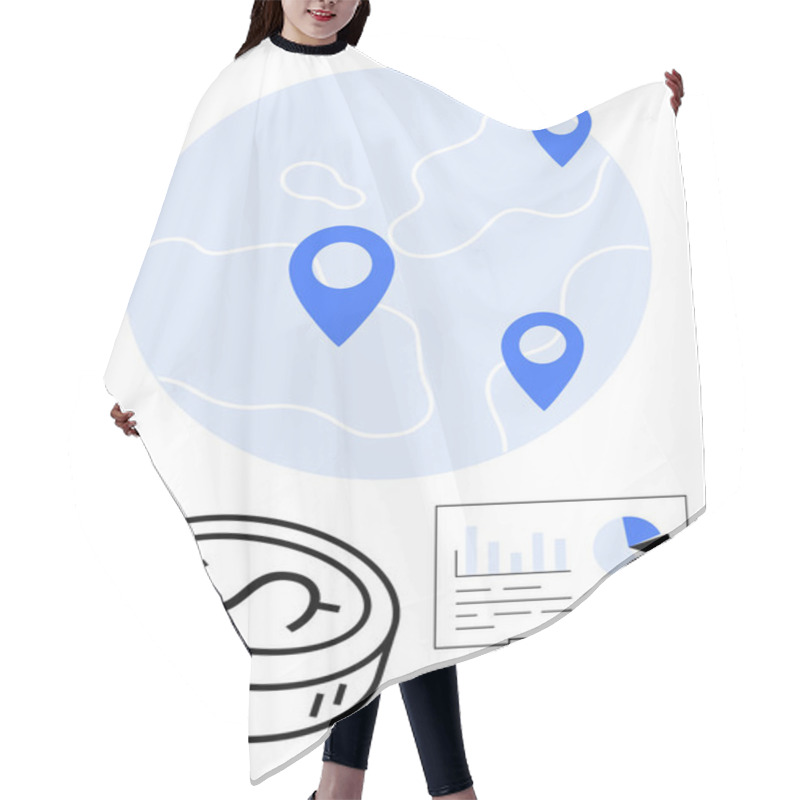 Personality  Globe With Blue Location Markers, Coin Icon, And A Presentation Board With Graphs And Pie Chart. Ideal For Finance, Global Business, Data Analysis, Market Research, Economic Studies, International Hair Cutting Cape