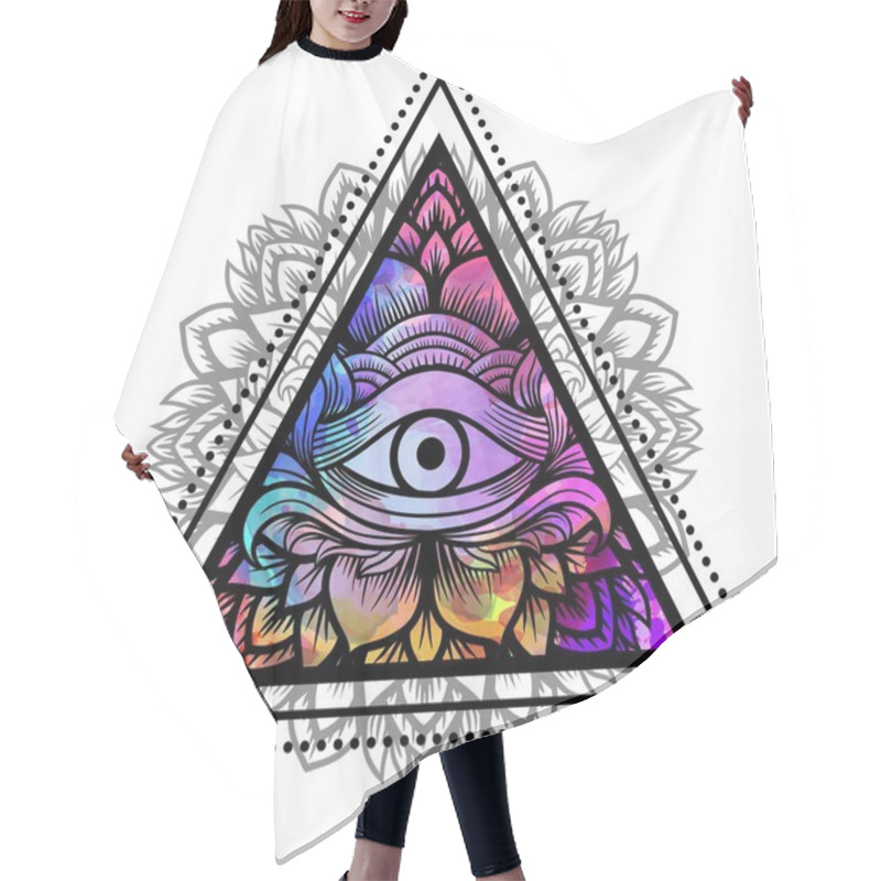 Personality  Third Eye With Floral Mandala Inside The Triangle. Zentangle Hand Drawing Boho Style. For Adult Coloring Book And Meditation Relax. Watercolor, Chalk, Pastels, Pencils Texture. T-shirt Design. Vector Hair Cutting Cape