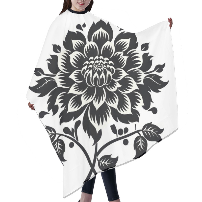 Personality  A Stunning Black And White Floral Design Featuring An Intricately Detailed Blooming Flower With Bold Leaves. Hair Cutting Cape