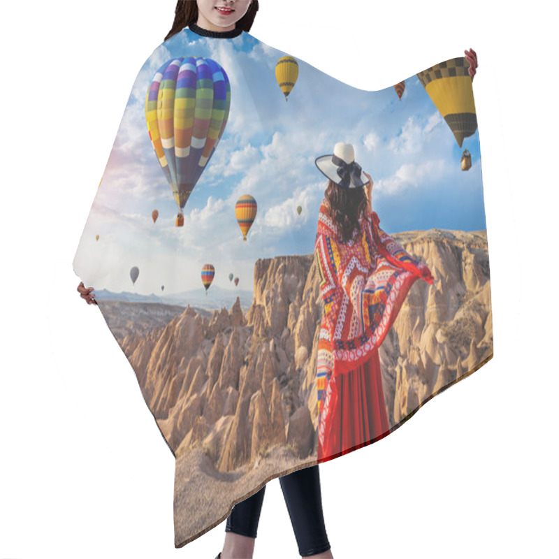 Personality  Beautiful Girl Standing And Looking To Hot Air Balloons In Cappadocia, Turkey. Hair Cutting Cape