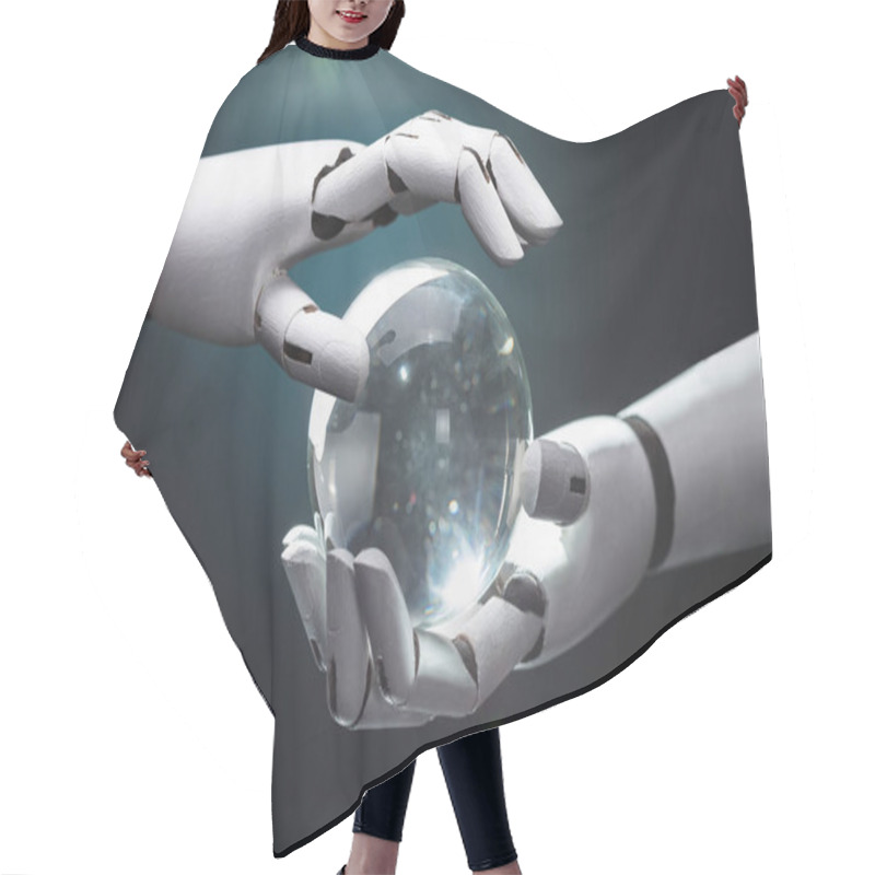 Personality  Close-up Of A Robot's Hand Predicting Future With Crystal Ball Hair Cutting Cape