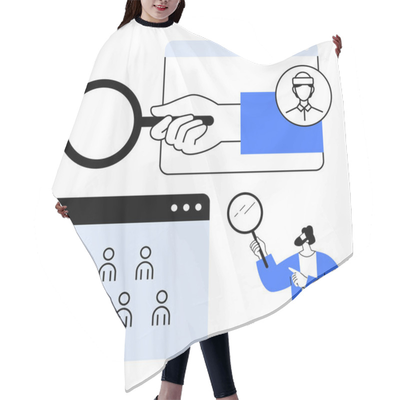 Personality  Magnifying Glass In Hand Over Web Profiles, Team Grid Interface, And User Inspection By A Character. Ideal For Recruitment, HR, Hiring, Talent Search, Research, Evaluation Abstract Line Flat Hair Cutting Cape