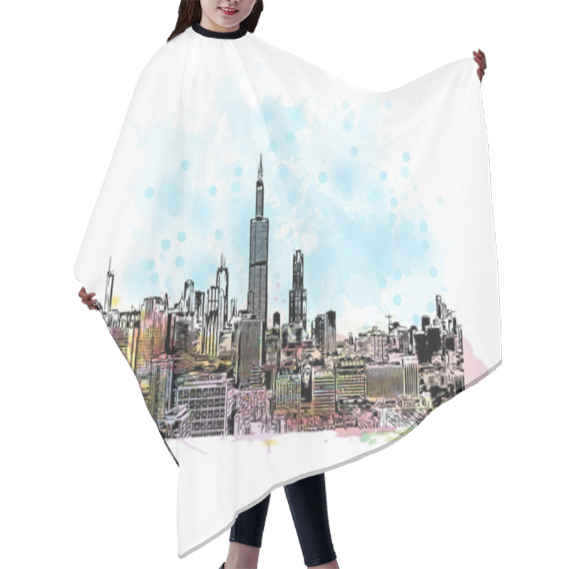 Personality  Print Building View With Landmark Of Chicago Is The Most Populous City In The U.S. State Of Illinois. Watercolour Splash With Hand Drawn Sketch Illustration In Vector. Hair Cutting Cape