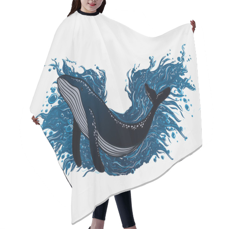 Personality  Poster With Whale On Splashing Water Wave. Hand Drawn Vector Illustration Hair Cutting Cape