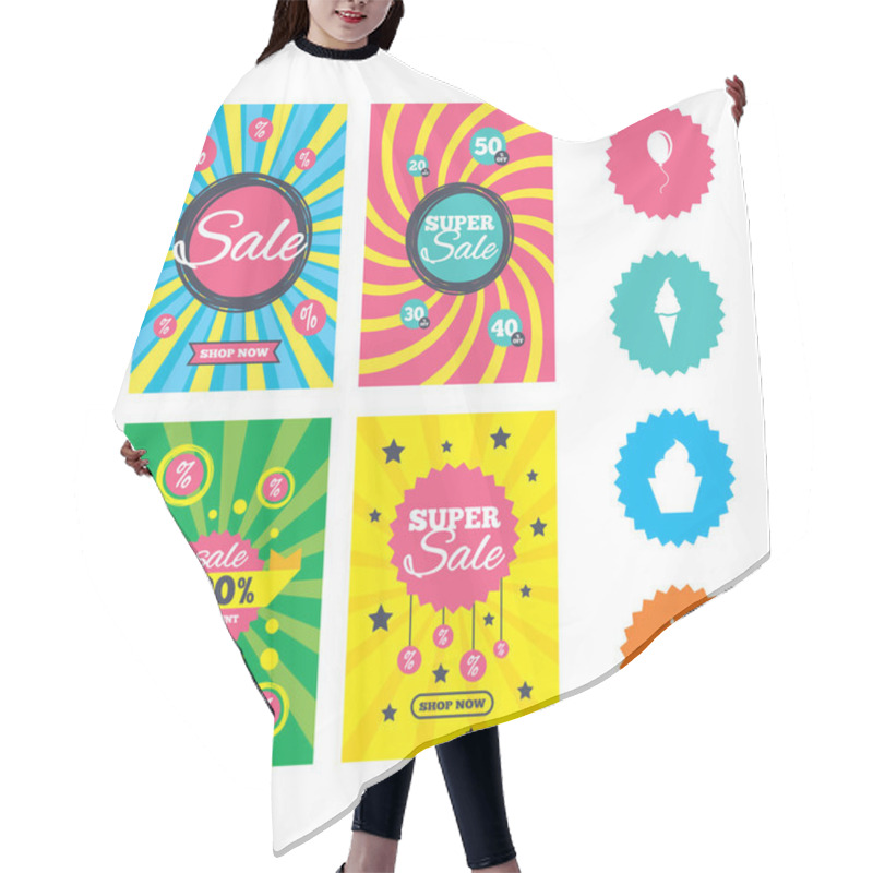 Personality  Birthday Party Icons. Cake With Ice Cream Symbol. Hair Cutting Cape