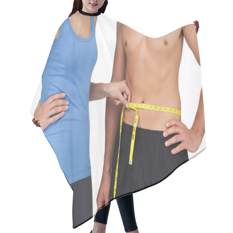 Personality  Mid Section Of A Fit Woman Measuring Mans Waist Hair Cutting Cape