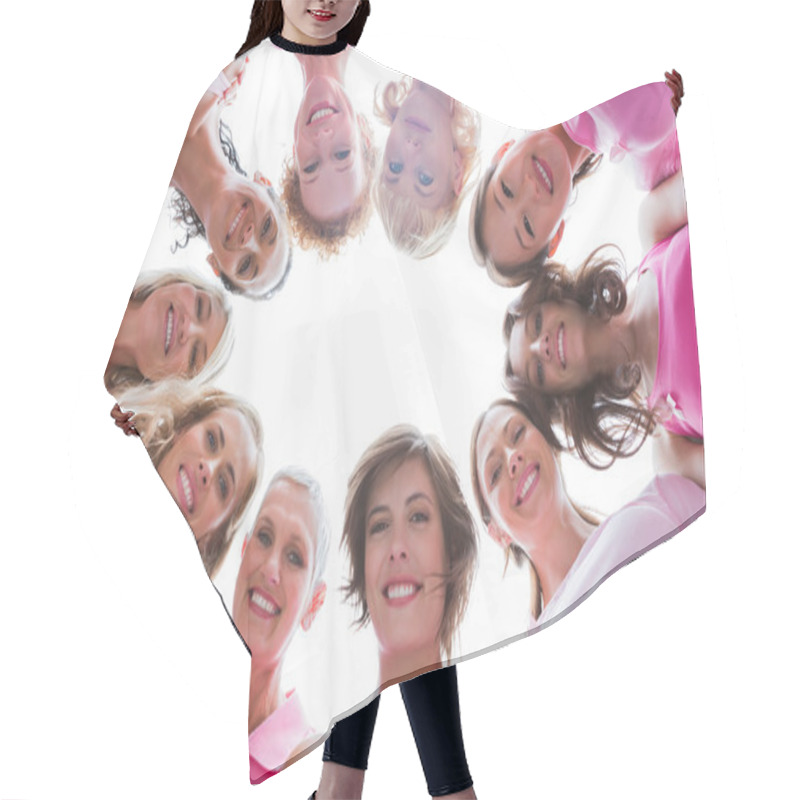 Personality  Group Of Happy Women In Circle Wearing Pink For Breast Cancer Hair Cutting Cape