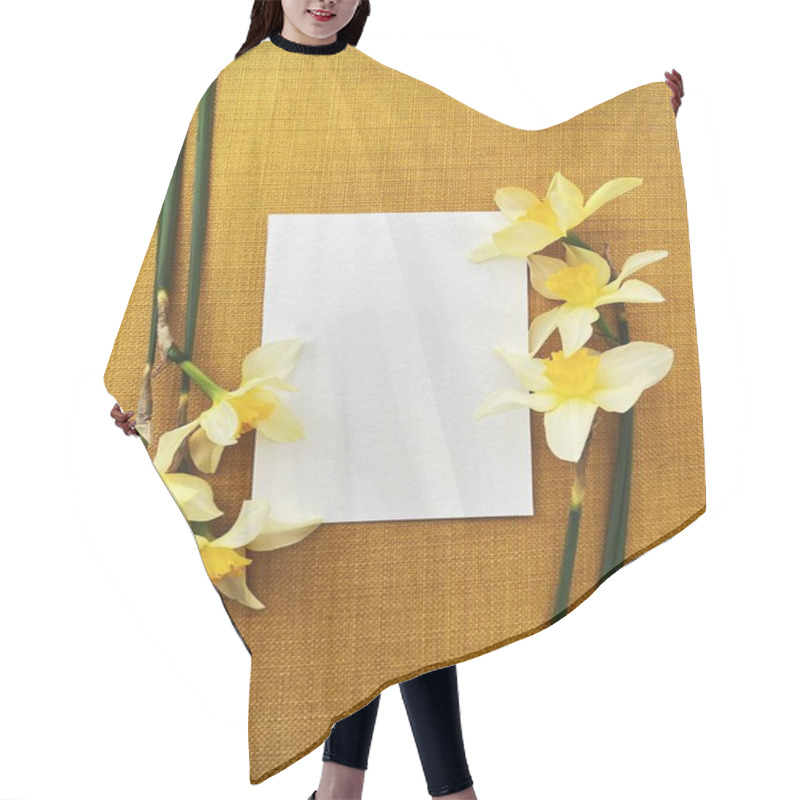 Personality  Fresh Yellow Flowers With A Blank Card On A Textured Golden Background. Hair Cutting Cape