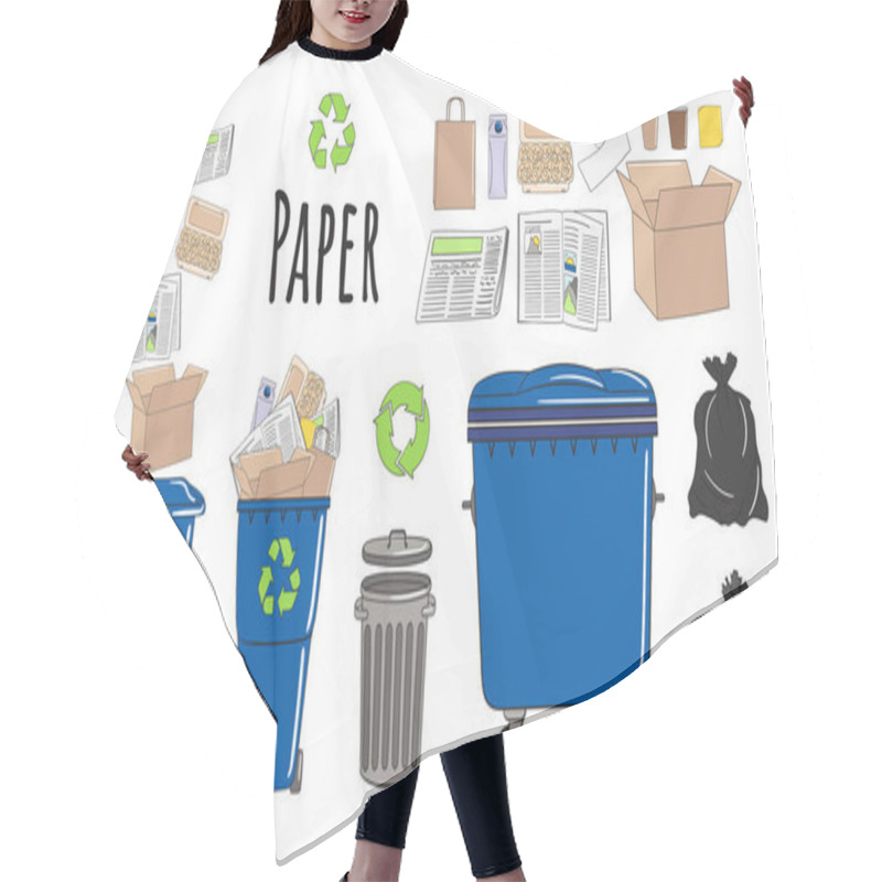 Personality  Set Of Garbage Cans With Paper Garbage. Recycle Trash Bins Full Of Trash. Waste Management. Sorting Garbage Falls Into Bins. Utilization Concept. Hand Drawn Vector Illustration. Hair Cutting Cape