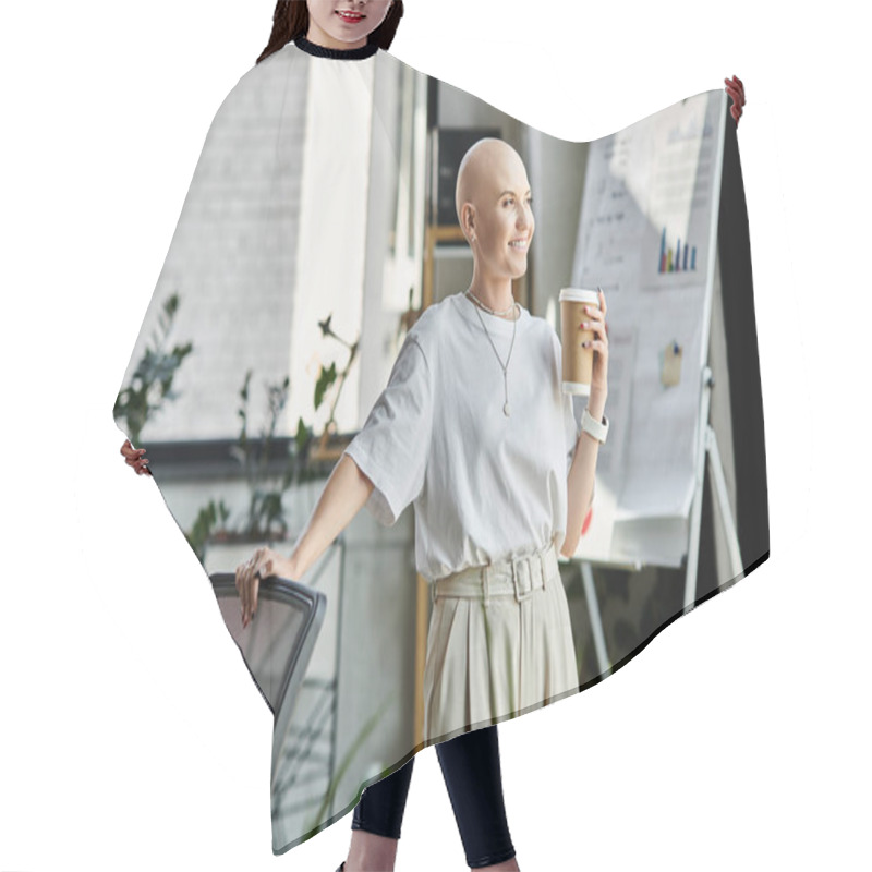 Personality  A Young Bald Woman In Elegant Dress Stands By A Chair, Smiling With A Coffee Cup In An Office. Hair Cutting Cape