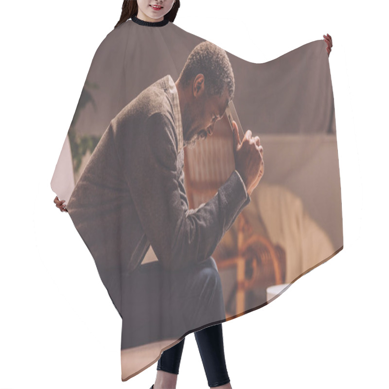 Personality  Depressed African American Man Sitting On Sofa At Night And Holding Photo Frame Near Head Hair Cutting Cape