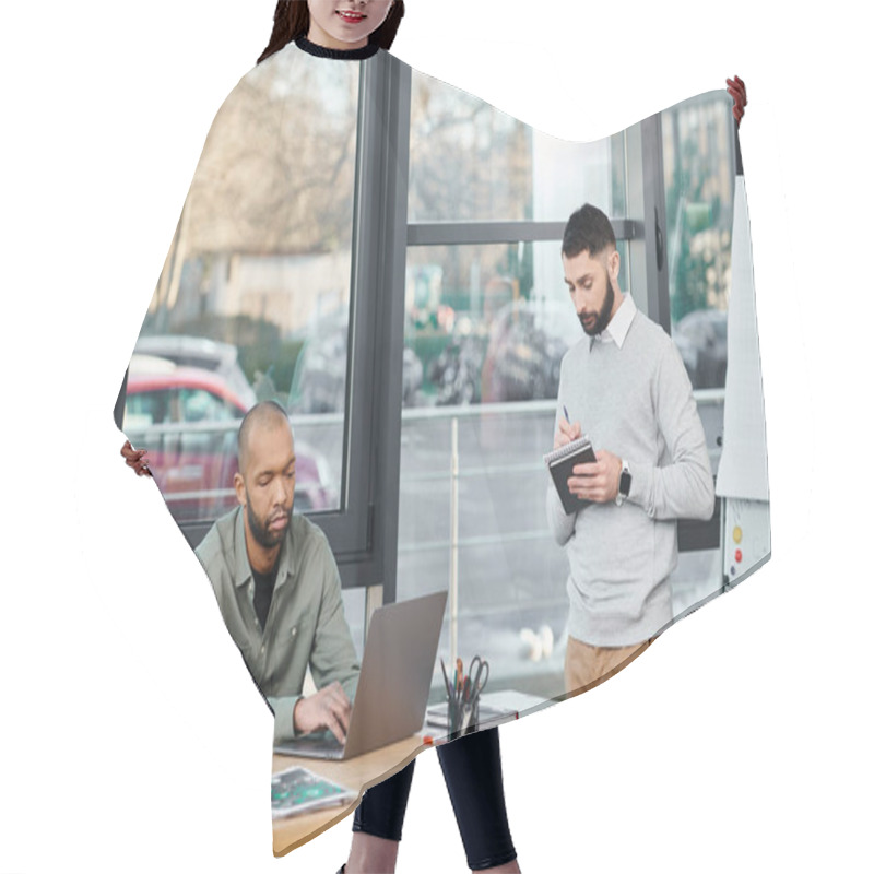 Personality  Two Men Deeply Engrossed In Their Laptops, Engaged In A Collaborative Coding Session At A Modern Office Table, Diversity And Inclusion Hair Cutting Cape