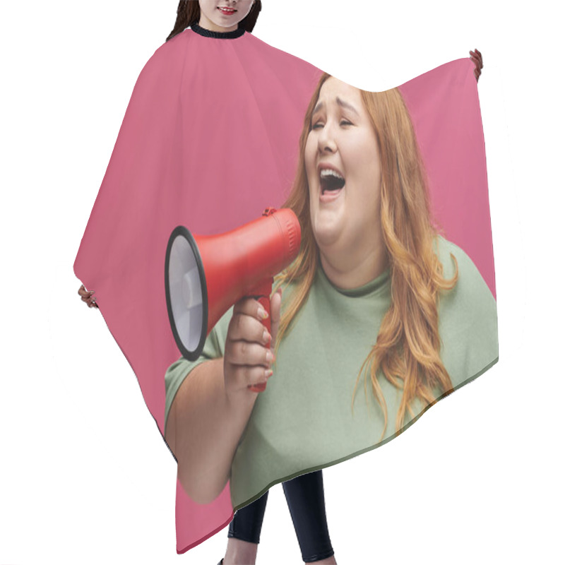 Personality  A Woman With Long, Red Hair Smiles And Shouts Through A Megaphone. Hair Cutting Cape