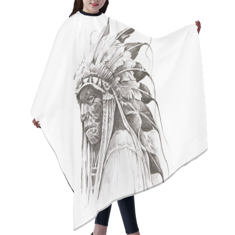 Personality  Tattoo Sketch Of Native American Indian Warrior, Hand Made Hair Cutting Cape