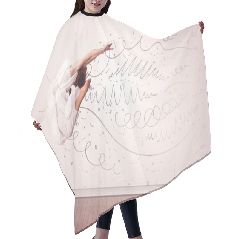 Personality  Pretty Woman Jumping With Hand Drawn Lines And Arrows Come Out Hair Cutting Cape