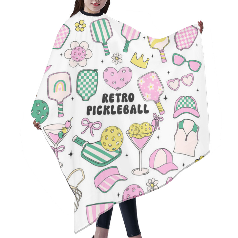 Personality  Retro Groovy Pickleball Vector Trendy Collection Doodle Drawing Pink And Green Element Set. Hair Cutting Cape