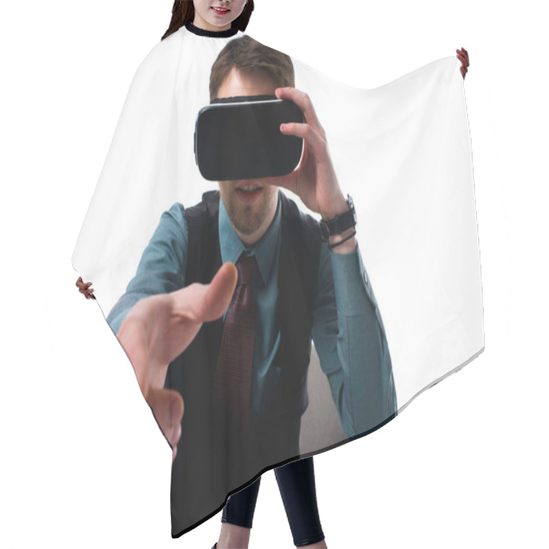 Personality  Portrait Of Agent In Virtual Reality Headset Sitting In Armchair Isolated On White Hair Cutting Cape