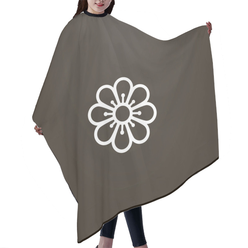 Personality  White Sign On A Black Background. Vector Line Art Outline Sign Of Chamomile Flower With Eight Petals Hair Cutting Cape