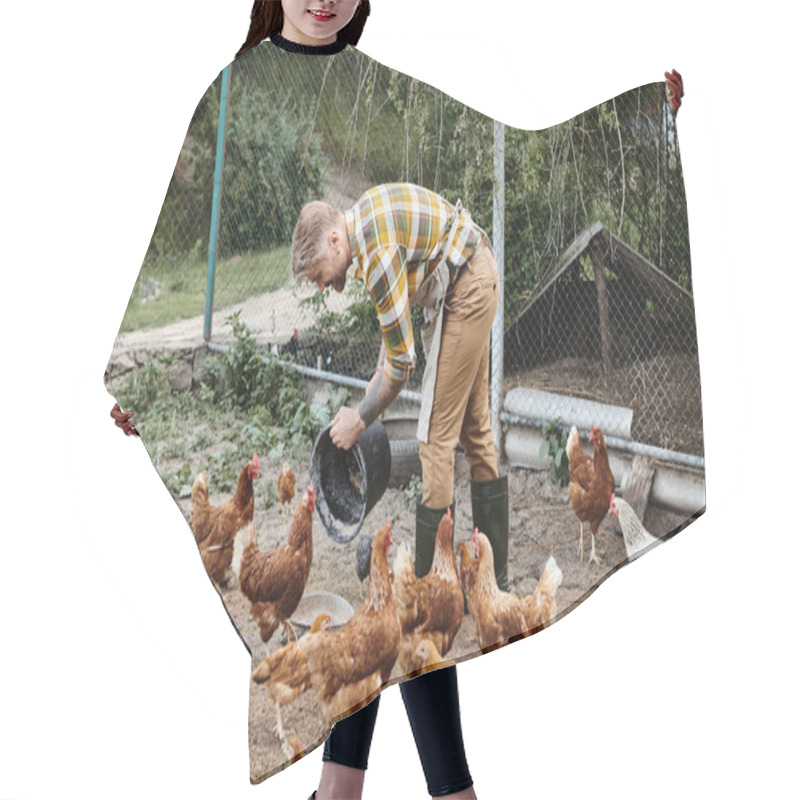 Personality  Good Looking Joyous Man With Tattoos Feeding Chickens In Their Aviary While On His Farm In Village Hair Cutting Cape