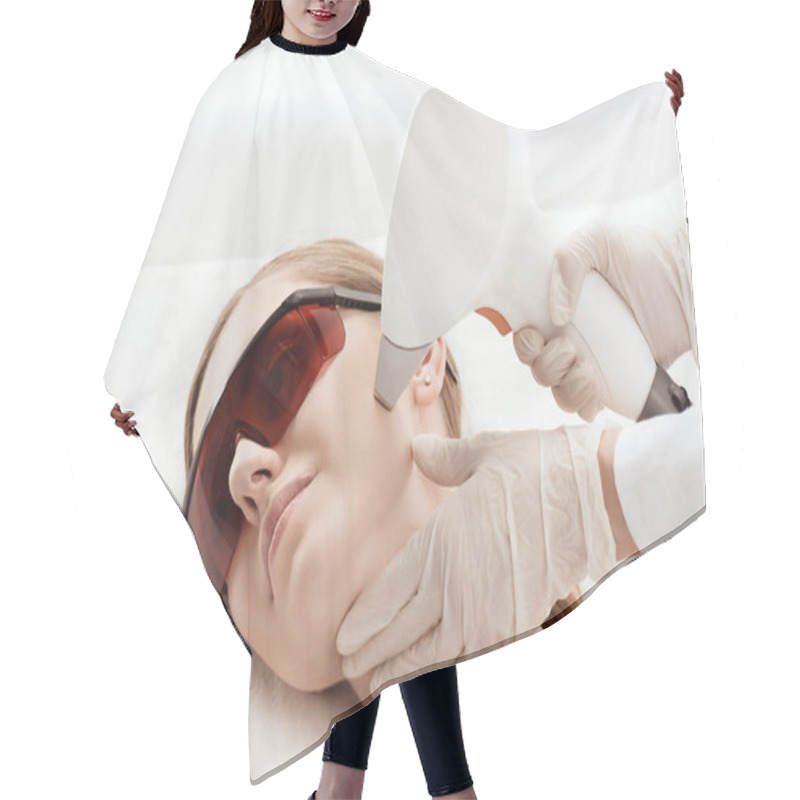 Personality  Woman Receiving Laser Treatment  Hair Cutting Cape