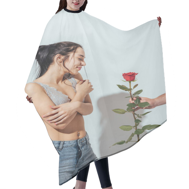 Personality  Cropped View Of Man Giving Red Rose To Shy Girl, Who Standing With Closed Eyes  Hair Cutting Cape