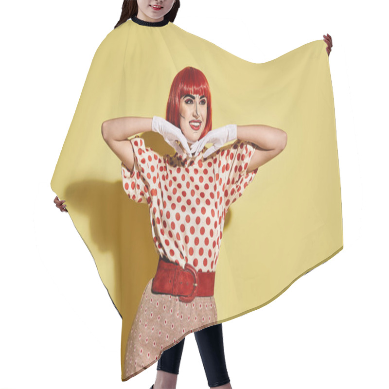 Personality  Vibrant Redhead Woman With Creative Pop Art Makeup In A Polka Dot Shirt On A Bright Yellow Background, Exuding Comic Book Character Vibes. Hair Cutting Cape