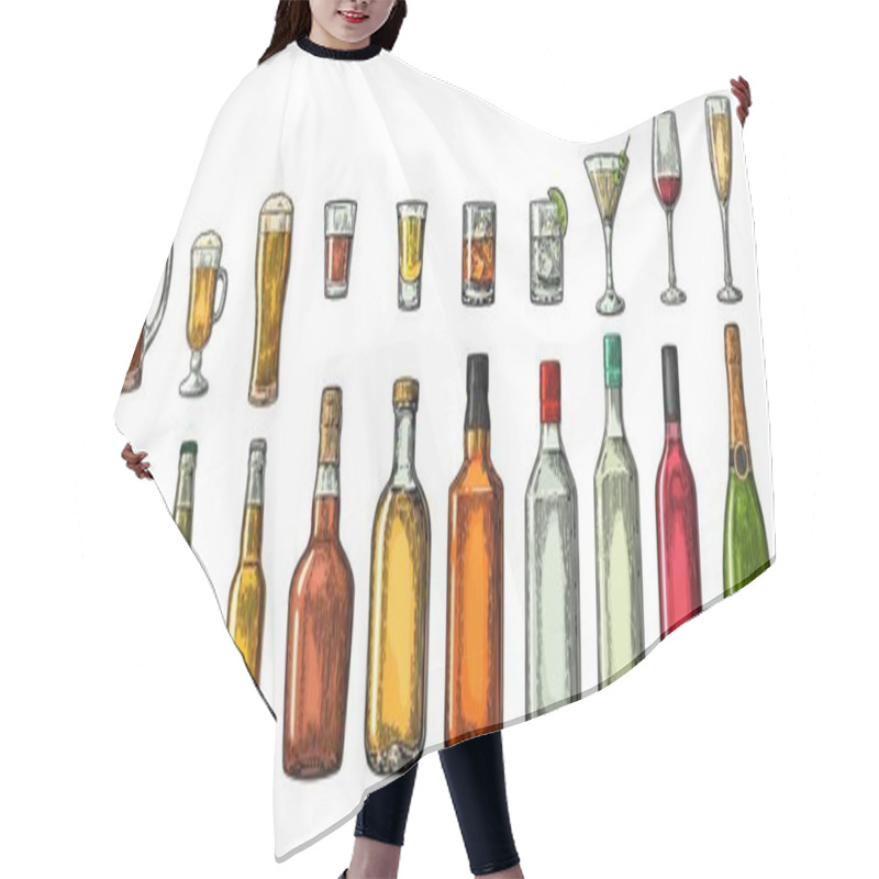 Personality  Set Glass And Bottle Beer, Whiskey, Wine, Gin, Rum, Tequila, Cognac, Champagne, Cocktail, Grog. Hair Cutting Cape