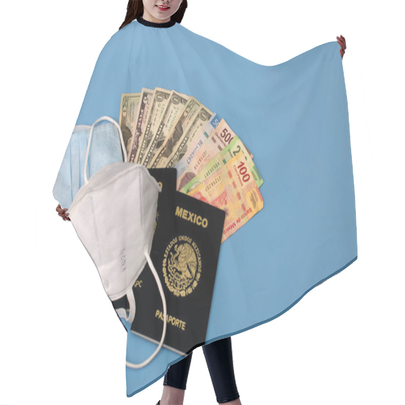 Personality  Face Masks, Mexican Passports And Money On Blue Background. Hair Cutting Cape