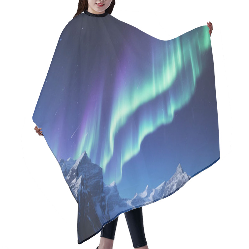 Personality  Dramatic Night Sky With Shooting Stars And Aurora Over Mountains  Hair Cutting Cape