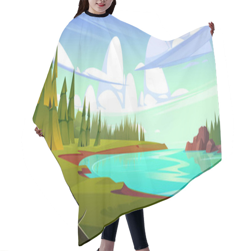 Personality  River Landscape With Green Forest. Vector Cartoon Illustration Of Beautiful Natural Background, Evergreen Fir Trees And Stones Near Lake Water With Reflection On Clear Surface, Clouds In Sunny Sky Hair Cutting Cape