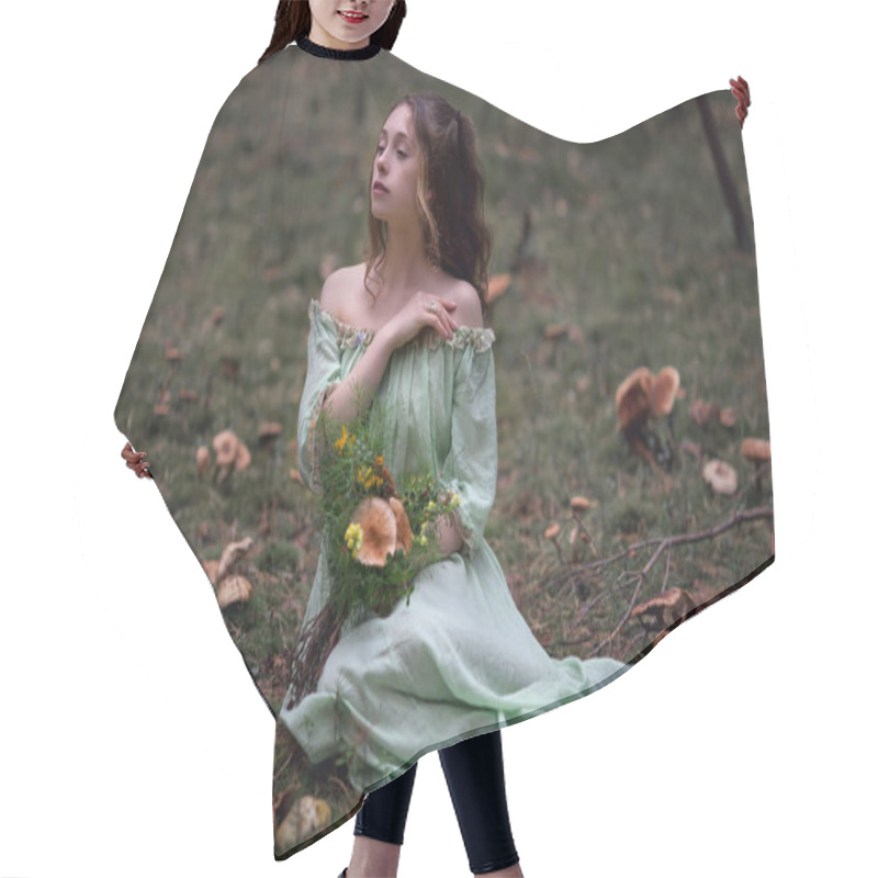 Personality  Fairy Tale About A Fairy In A Magical Forest, A Beautiful Girl In A Green Dress Walks In The Forest With A Bouquet, Mushrooms In A Bouquet Hair Cutting Cape