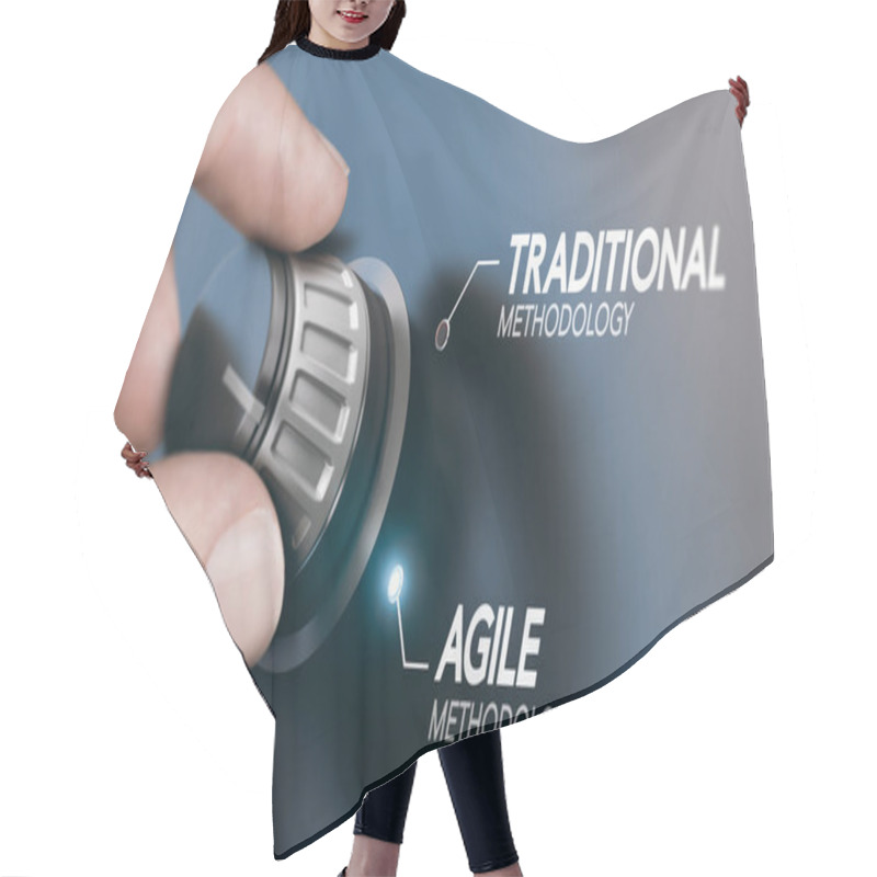 Personality  Man Turning Knob To Changing Project Management Methodology From Traditional To Agile PM. Composite Image Between A Hand Photography And A 3D Background. Hair Cutting Cape