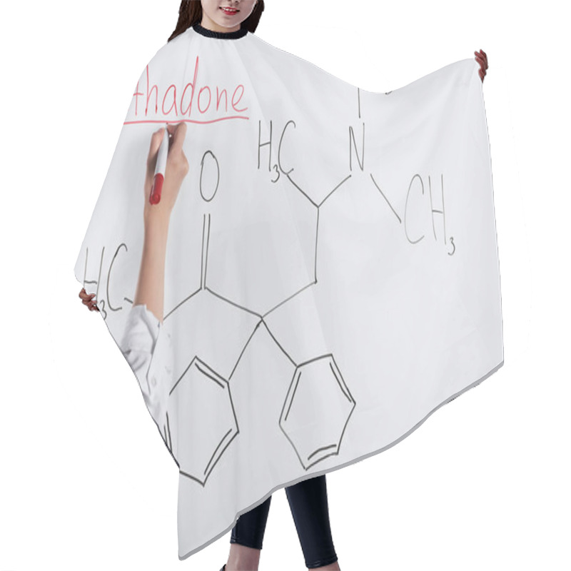 Personality  Cropped View Of Woman Writing Methadone On White Board  Hair Cutting Cape