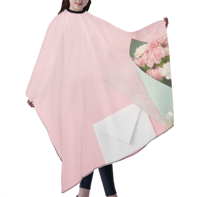 Personality  Beautiful Tender Flower Bouquet And White Envelope Isolated On Pink Background Hair Cutting Cape