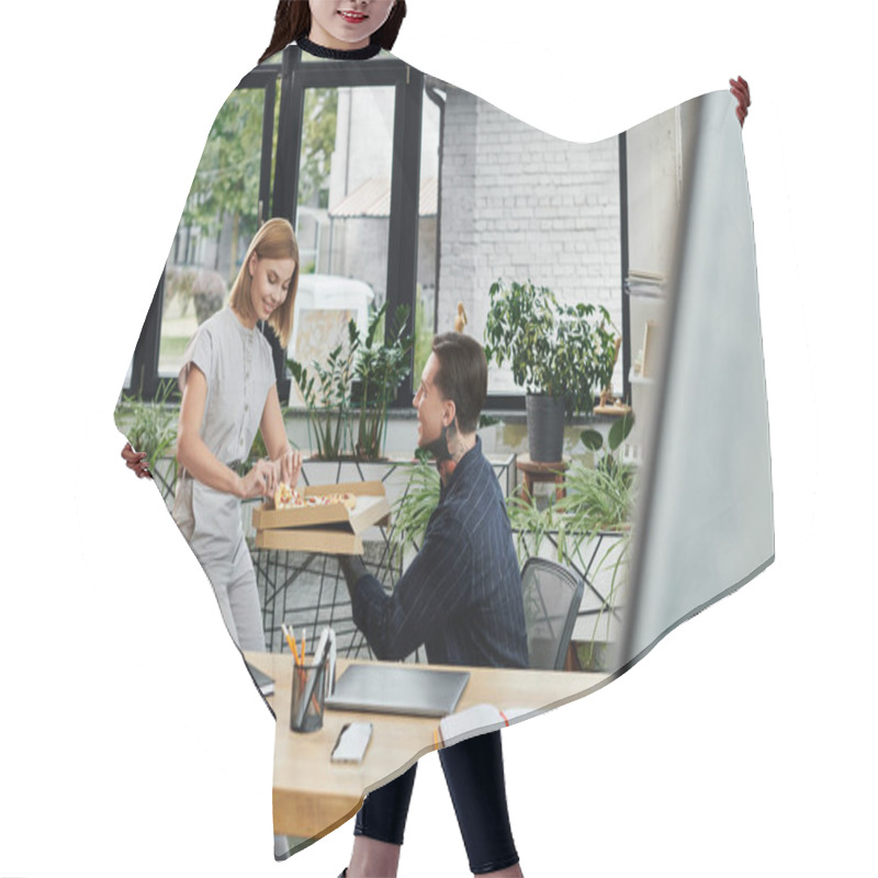 Personality  Two Colleagues Enjoy A Casual Lunch Together In A Bright Office Filled With Plants. Hair Cutting Cape